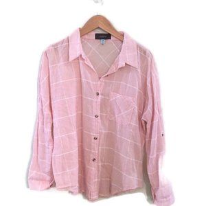 SAWYER Cotton Semi Sheer Button Down Plaid Shirt. Pink and white. Size M